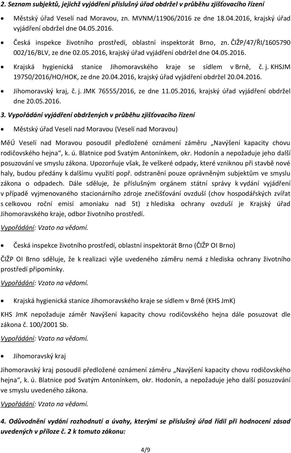 j. KHSJM 19750/2016/HO/HOK, ze dne 20.04.2016, krajský úřad vyjádření obdržel 20.04.2016. Jihomoravský kraj, č. j. JMK 76555/2016, ze dne 11.05.2016, krajský úřad vyjádření obdržel dne 20.05.2016. 3.