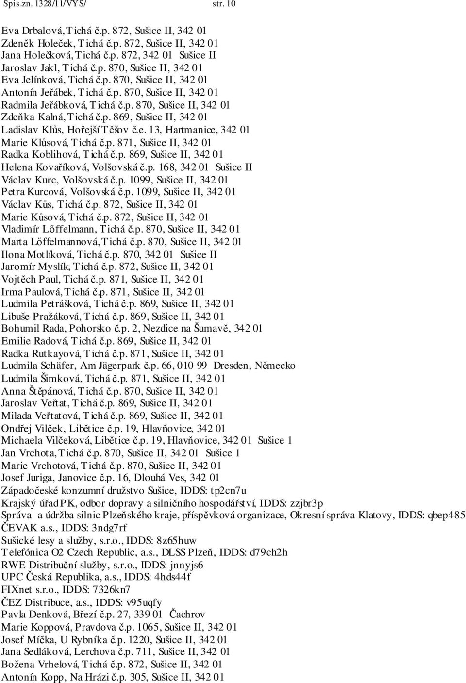 p. 869, Sušice II, 342 01 Ladislav Klůs, Hořejší Těšov č.e. 13, Hartmanice, 342 01 Marie Klůsová, Tichá č.p. 871, Sušice II, 342 01 Radka Koblihová, Tichá č.p. 869, Sušice II, 342 01 Helena Kovaříková, Volšovská č.