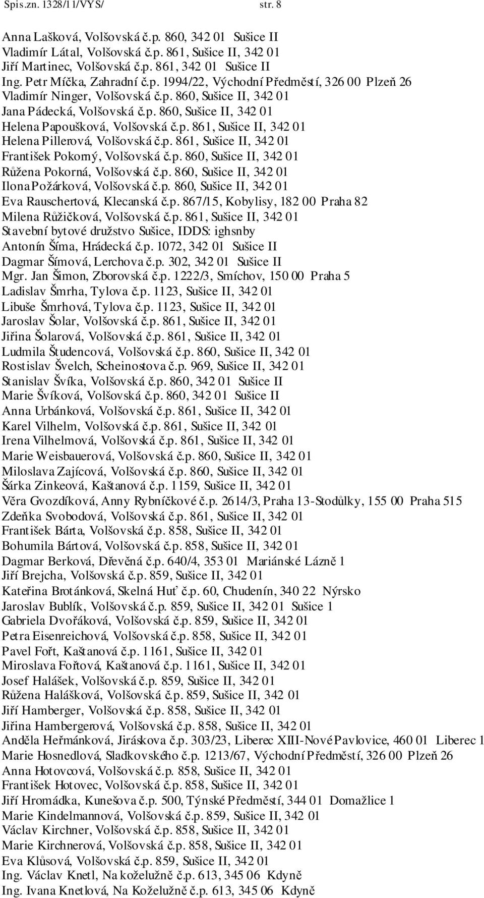 p. 861, Sušice II, 342 01 Helena Pillerová, Volšovská č.p. 861, Sušice II, 342 01 František Pokorný, Volšovská č.p. 860, Sušice II, 342 01 Růžena Pokorná, Volšovská č.p. 860, Sušice II, 342 01 Ilona Požárková, Volšovská č.