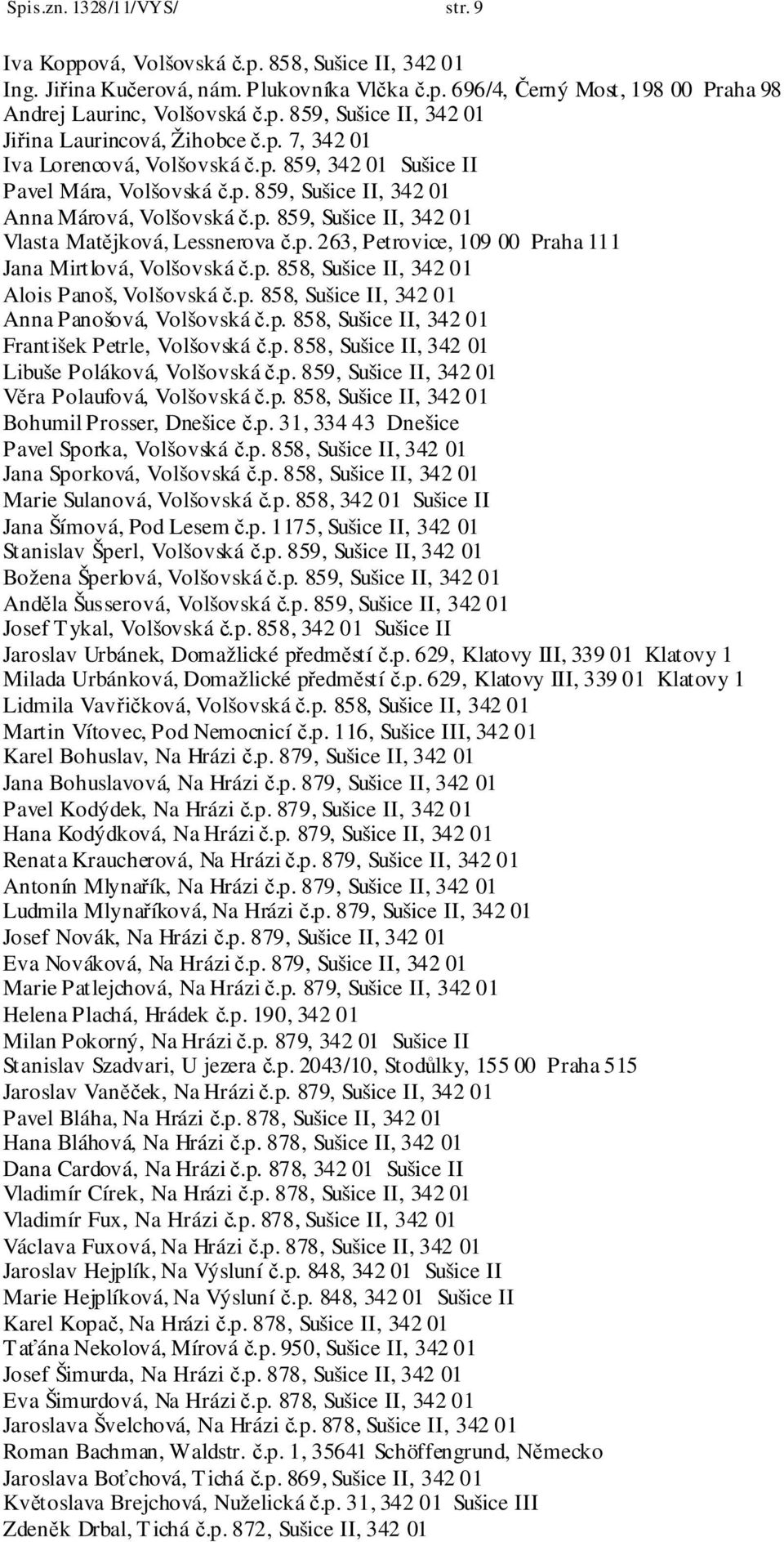 p. 858, Sušice II, 342 01 Alois Panoš, Volšovská č.p. 858, Sušice II, 342 01 Anna Panošová, Volšovská č.p. 858, Sušice II, 342 01 František Petrle, Volšovská č.p. 858, Sušice II, 342 01 Libuše Poláková, Volšovská č.