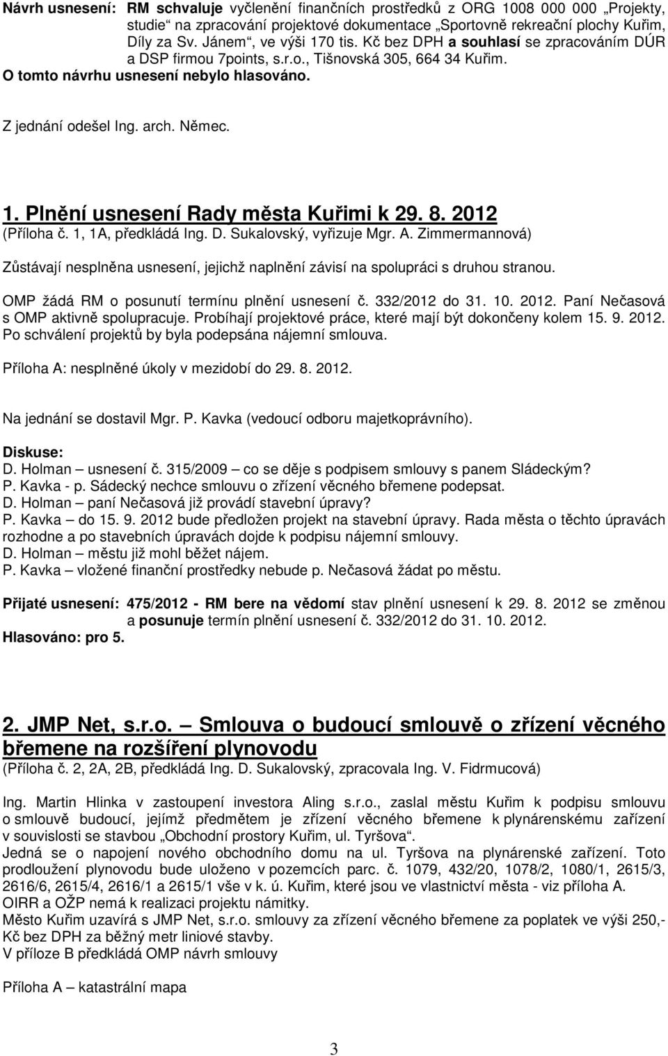 1. Plnění usnesení Rady města Kuřimi k 29. 8. 2012 (Příloha č. 1, 1A, předkládá Ing. D. Sukalovský, vyřizuje Mgr. A.
