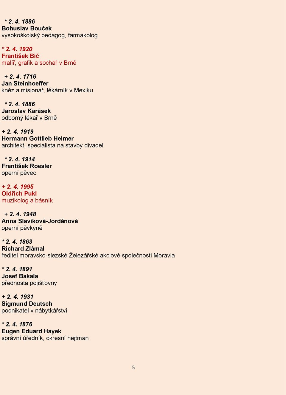 4. 1948 Anna Slavíková-Jordánová operní pěvkyně * 2. 4. 1863 Richard Zlámal ředitel moravsko-slezské Železářské akciové společnosti Moravia * 2. 4. 1891 Josef Bakala přednosta pojišťovny + 2.
