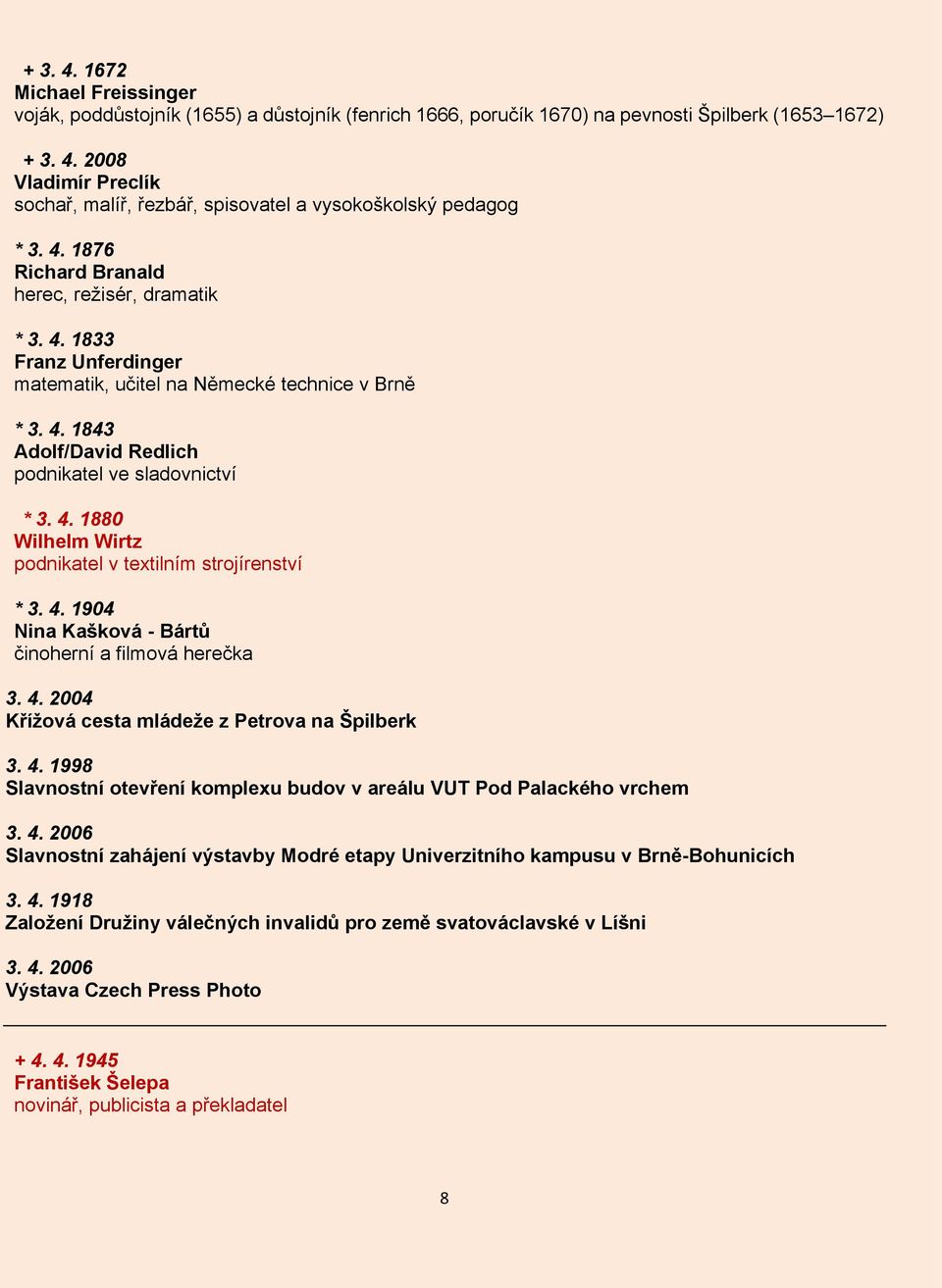 4. 1904 Nina Kašková - Bártů činoherní a filmová herečka 3. 4. 2004 Křížová cesta mládeže z Petrova na Špilberk 3. 4. 1998 Slavnostní otevření komplexu budov v areálu VUT Pod Palackého vrchem 3. 4. 2006 Slavnostní zahájení výstavby Modré etapy Univerzitního kampusu v Brně-Bohunicích 3.
