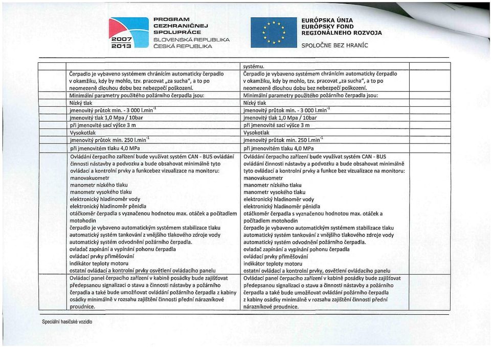 min" 1 jmenovitý tlak 1,0 Mpa / lobar při jmenovité sací výšce 3 m Vysokotlak jmenovitý průtok min. 250 l.