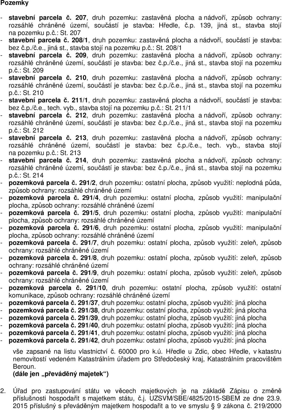 209, druh pozemku: zastav ná plocha a nádvo í, zp sob ochrany: p..: St. 209 - stavební parcela. 210, druh pozemku: zastav ná plocha a nádvo í, zp sob ochrany: p..: St. 210 - stavební parcela.