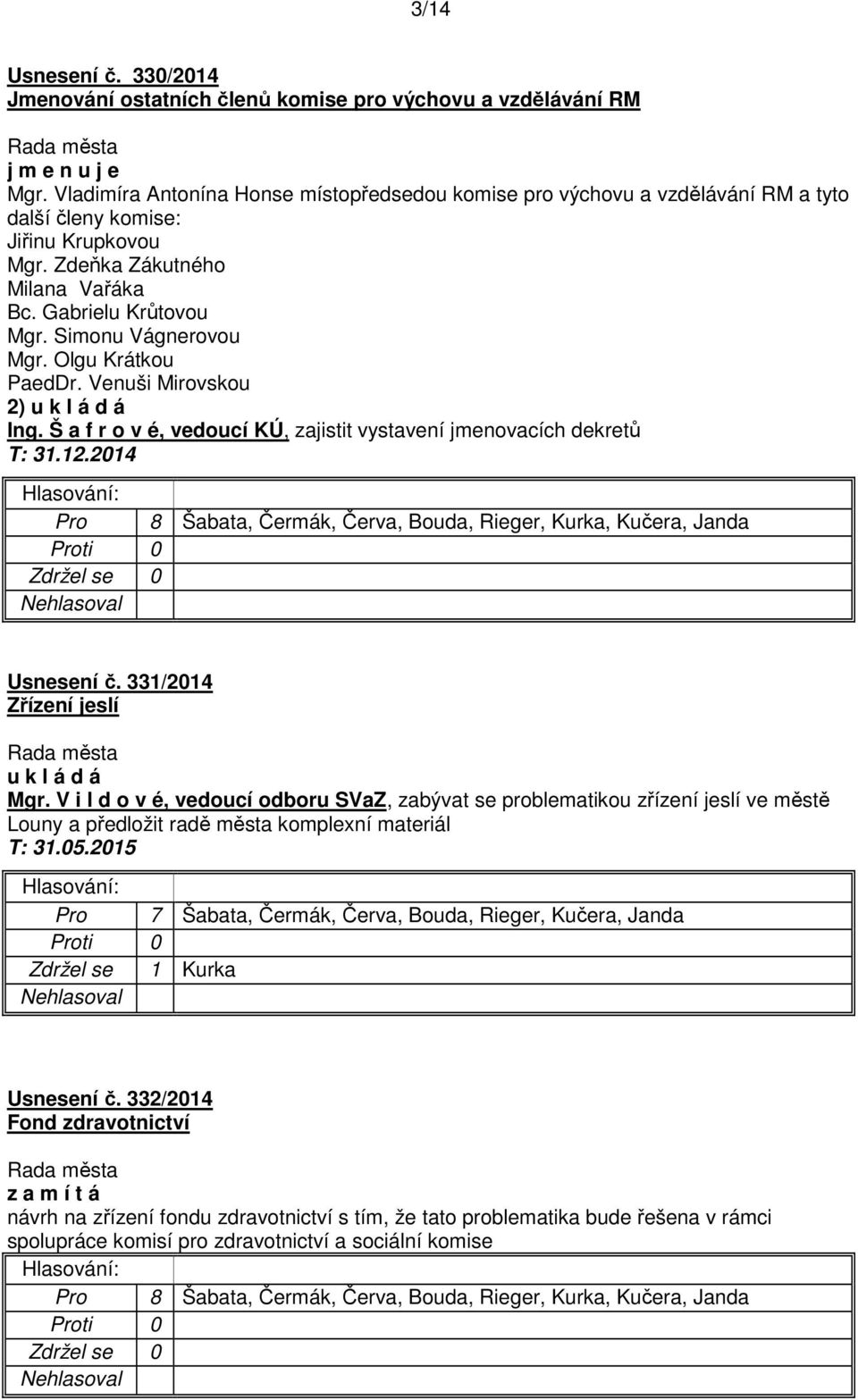 Simonu Vágnerovou Mgr. Olgu Krátkou PaedDr. Venuši Mirovskou Ing. Š a f r o v é, vedoucí KÚ, zajistit vystavení jmenovacích dekretů Usnesení č. 331/2014 Zřízení jeslí u k l á d á Mgr.
