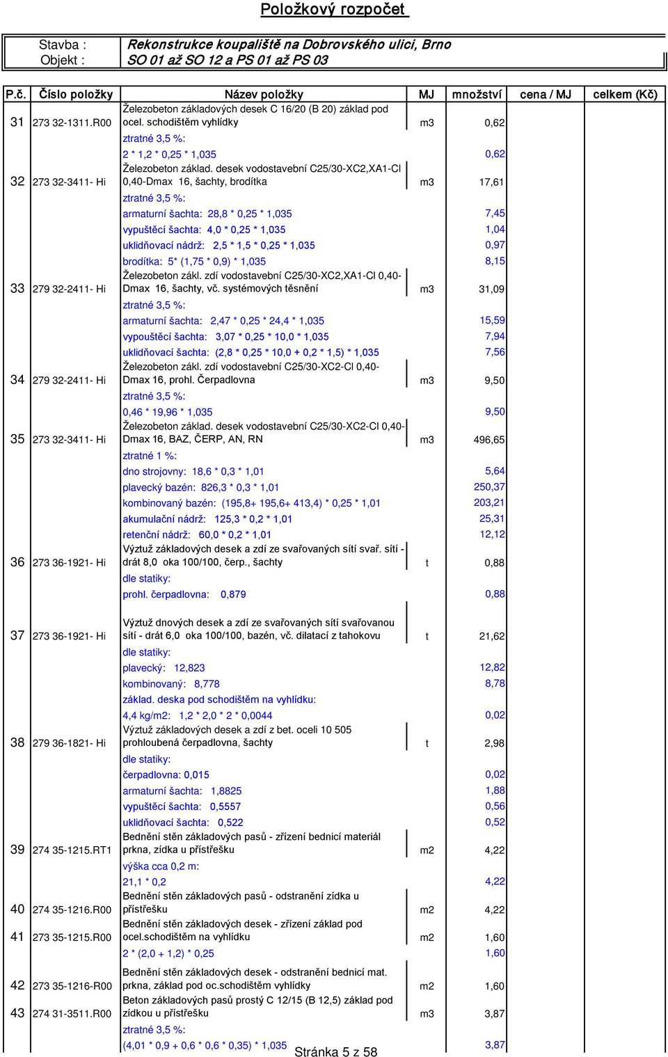 desek vodostavební C25/30-XC2,XA1-Cl 32 273 32-3411- Hi 0,40-Dmax 16, šachty, brodítka m3 17,61 ztratné 3,5 %: armaturní šachta: 28,8 * 0,25 * 1,035 7,45 vypuštěcí šachta: 4,0 * 0,25 * 1,035 1,04