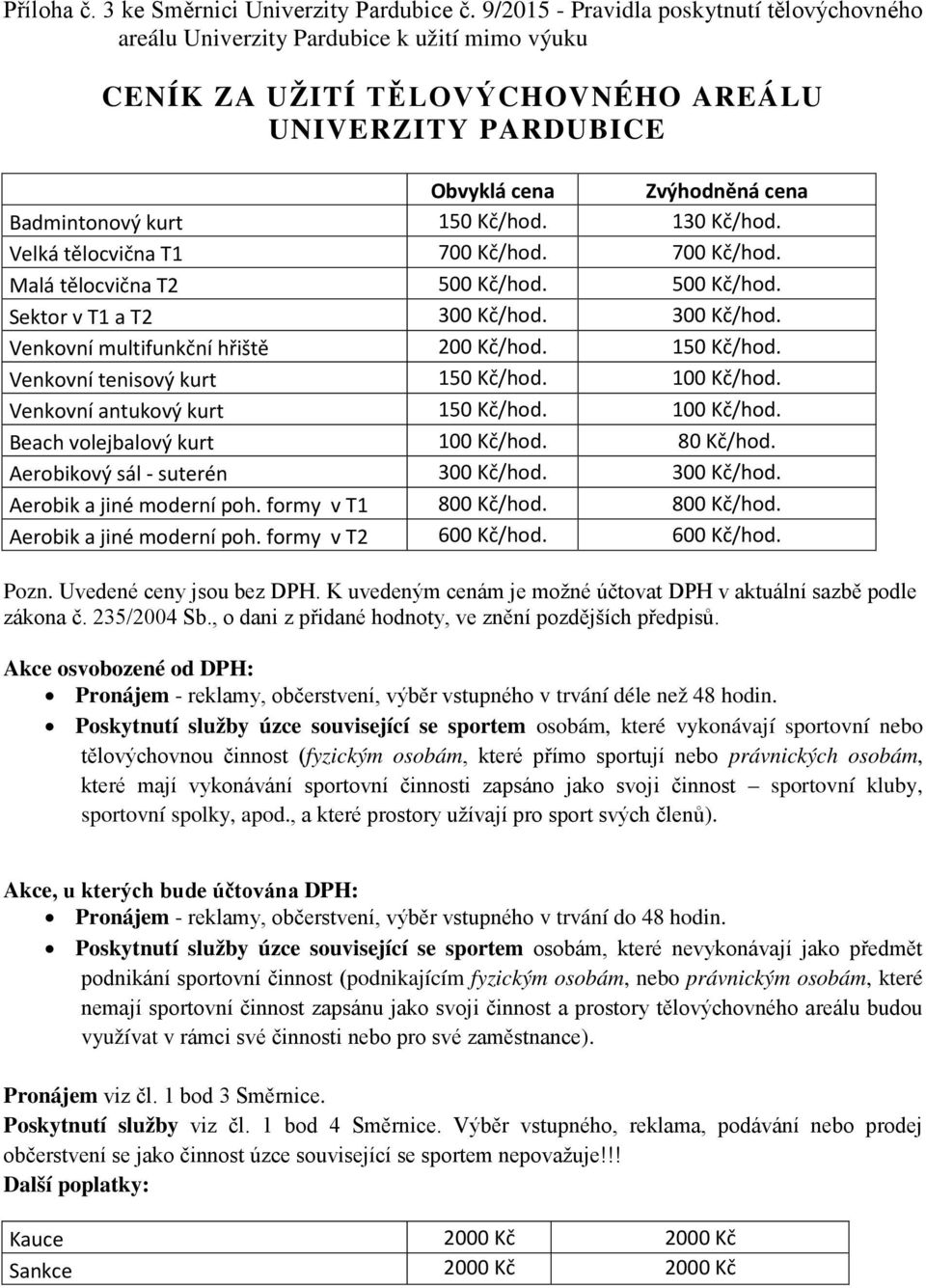 Kč/hod. 130 Kč/hod. Velká tělocvična T1 700 Kč/hod. 700 Kč/hod. Malá tělocvična T2 500 Kč/hod. 500 Kč/hod. Sektor v T1 a T2 300 Kč/hod. 300 Kč/hod. Venkovní multifunkční hřiště 200 Kč/hod. 150 Kč/hod.