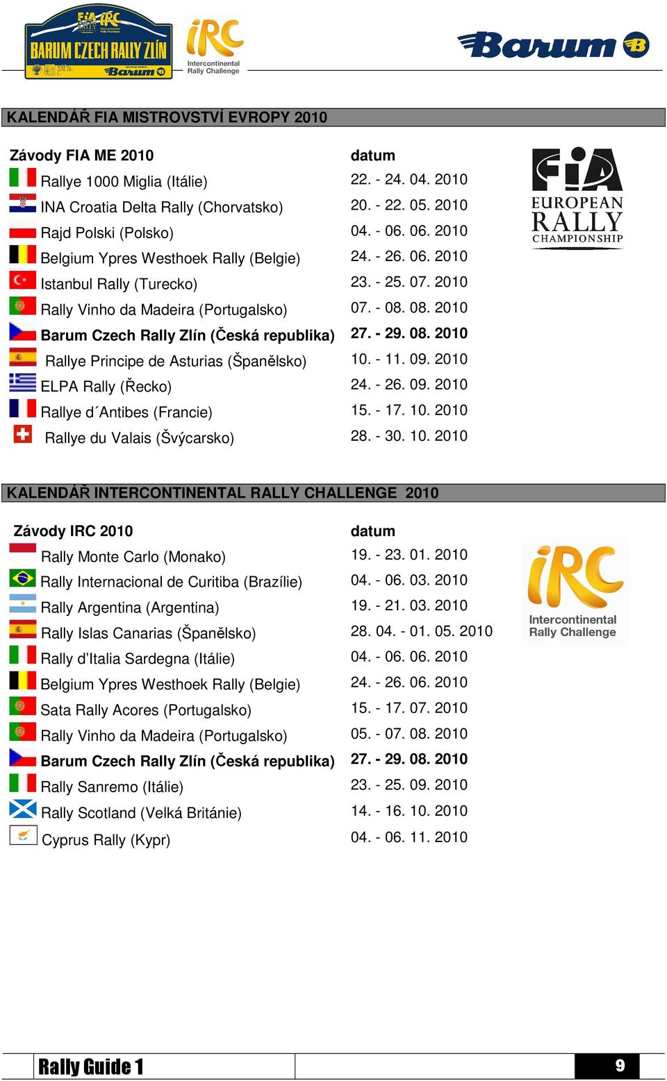 08. 2010 Barum Czech Rally Zlín (Česká republika) 27. - 29. 08. 2010 Rallye Principe de Asturias (Španělsko) 10. - 11. 09. 2010 ELPA Rally (Řecko) 24. - 26. 09. 2010 Rallye d Antibes (Francie) 15.