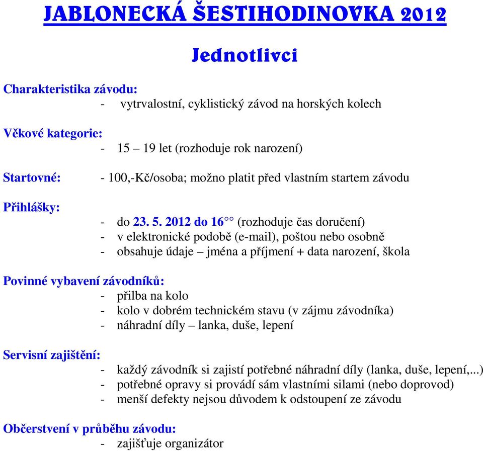 2012 do 16 (rozhoduje čas doručení) - v elektronické podobě (e-mail), poštou nebo osobně - obsahuje údaje jména a příjmení + data narození, škola Povinné vybavení závodníků: - přilba na kolo - kolo v