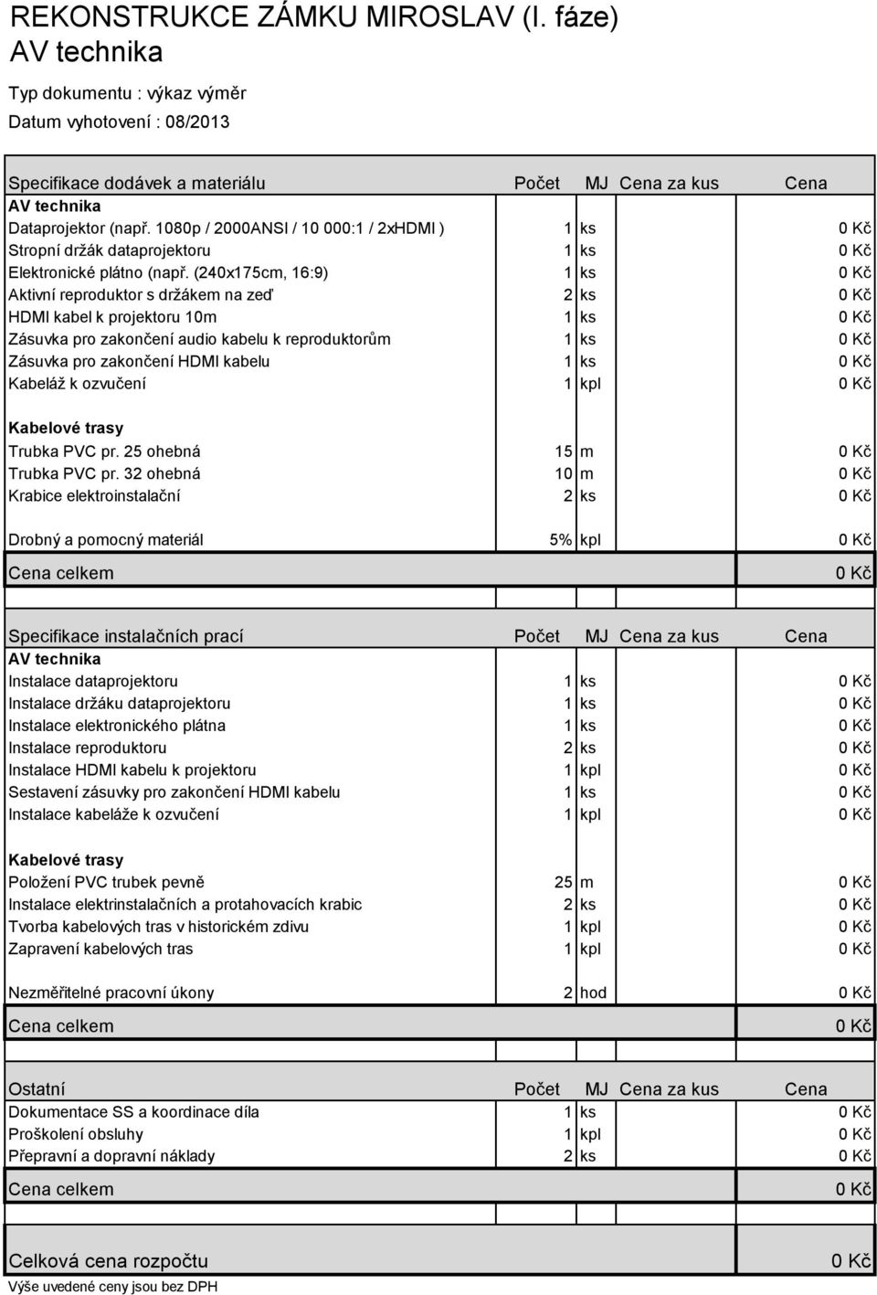 (240x175cm, 16:9) 1ks Aktivní reproduktor s držákem na zeď 2ks HDMI kabel k projektoru 10m 1ks Zásuvka pro zakončení audio kabelu k reproduktorům 1ks Zásuvka pro zakončení HDMI kabelu 1ks Kabeláž k