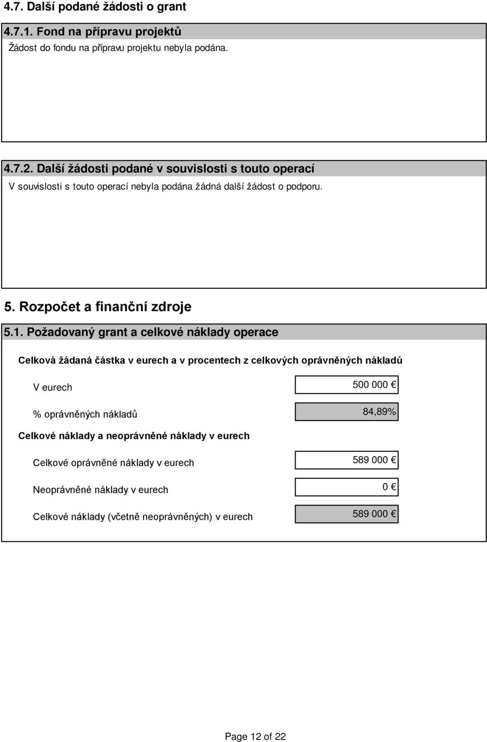 Požadovaný grant a celkové náklady operace Celková žádaná částka v eurech a v procentech z celkových oprávněných nákladů V eurech % oprávněných nákladů 500 000