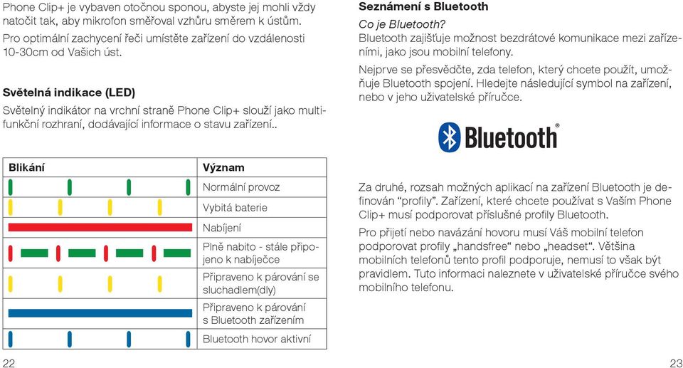 Světelná indikace (LED) Světelný indikátor na vrchní straně Phone Clip+ slouží jako multifunkční rozhraní, dodávající informace o stavu zařízení.. Seznámení s Bluetooth Co je Bluetooth?