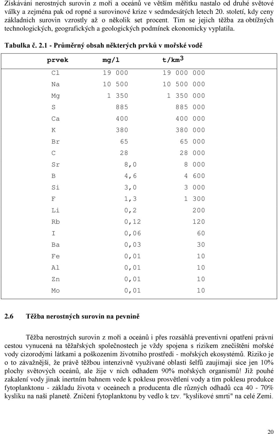 1 - Průměrný obsah některých prvků v mořské vodě prvek mg/l t/km 3 Cl 19 000 19 000 000 Na 10 500 10 500 000 Mg 1 350 1 350 000 S 885 885 000 Ca 400 400 000 K 380 380 000 Br 65 65 000 C 28 28 000 Sr