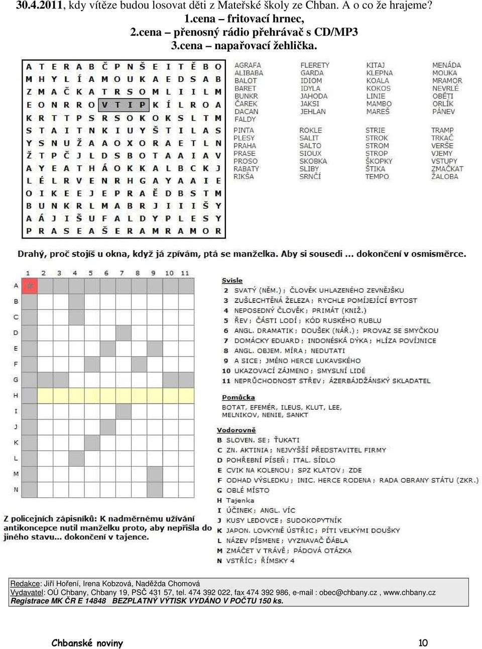 Redakce: Jiří Hoření, Irena Kobzová, Naděžda Chomová Vydavatel: OÚ Chbany, Chbany 19, PSČ 431 57, tel.