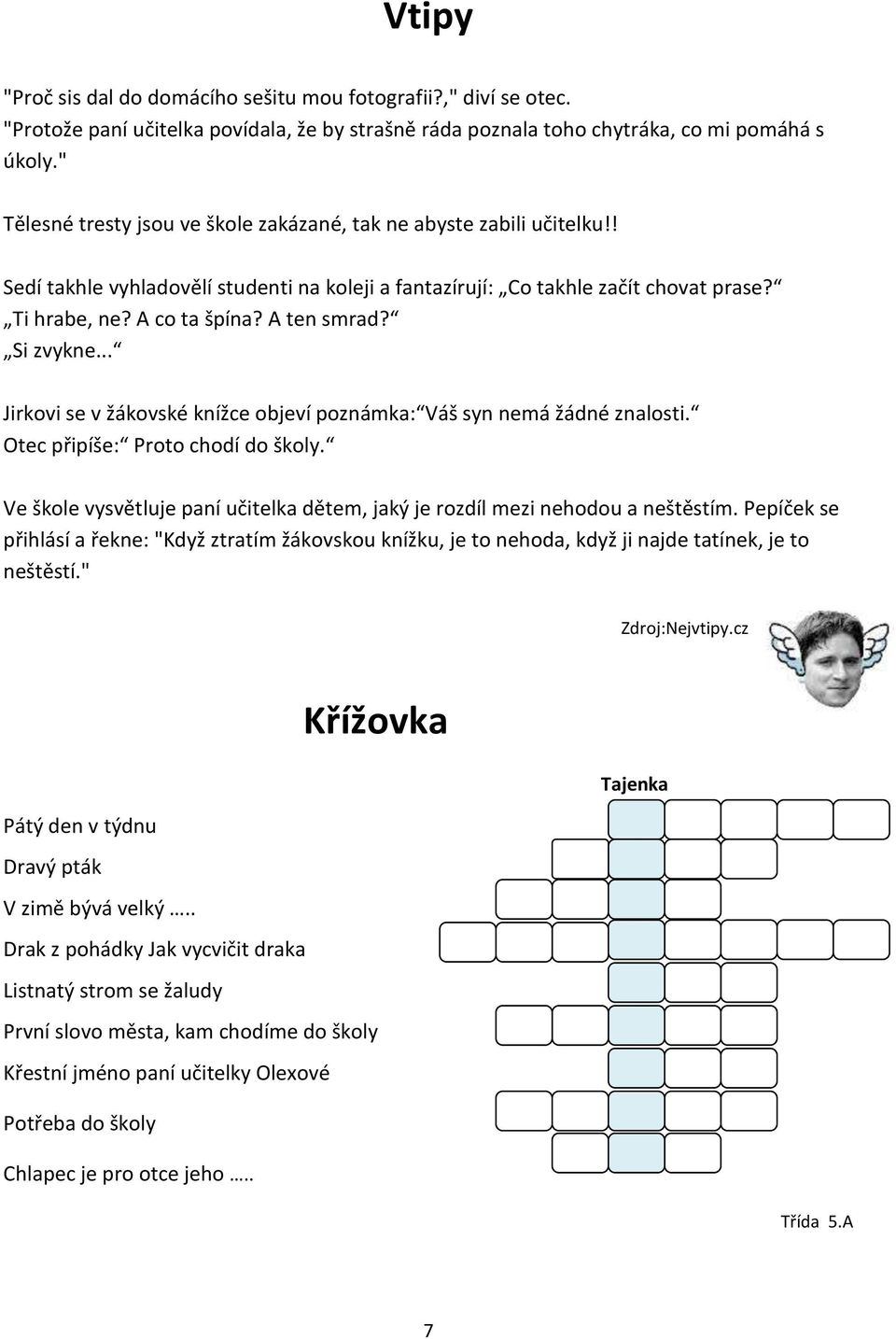 A ten smrad? Si zvykne... Jirkovi se v žákovské knížce objeví poznámka: Váš syn nemá žádné znalosti. Otec připíše: Proto chodí do školy.