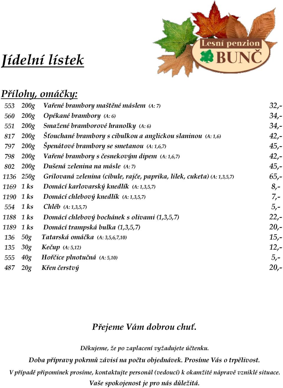 250g Grilovaná zelenina (cibule, rajče, paprika, lilek, cuketa) (A: 1,3,5,7) 65,- 1169 1 ks Domácí karlovarský knedlík (A: 1,3,5,7) 8,- 1190 1 ks Domácí chlebový knedlík (A: 1,3,5,7) 7,- 554 1 ks