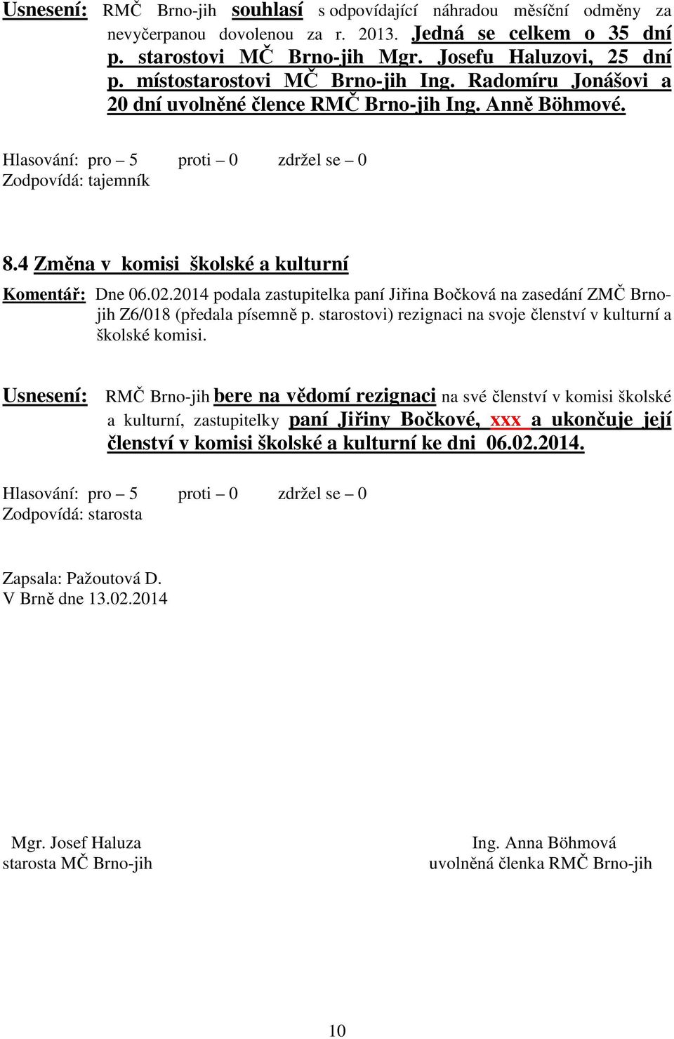 2014 podala zastupitelka paní Jiřina Bočková na zasedání ZMČ Brnojih Z6/018 (předala písemně p. starostovi) rezignaci na svoje členství v kulturní a školské komisi.