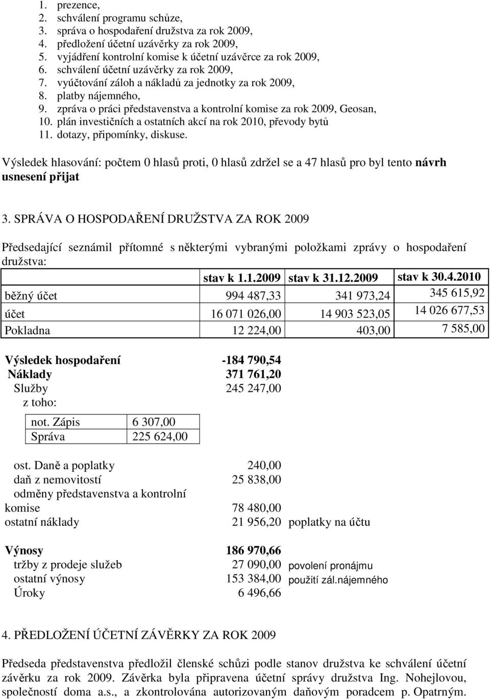 plán investičních a ostatních akcí na rok 2010, převody bytů 11. dotazy, připomínky, diskuse. usnesení přijat 3.