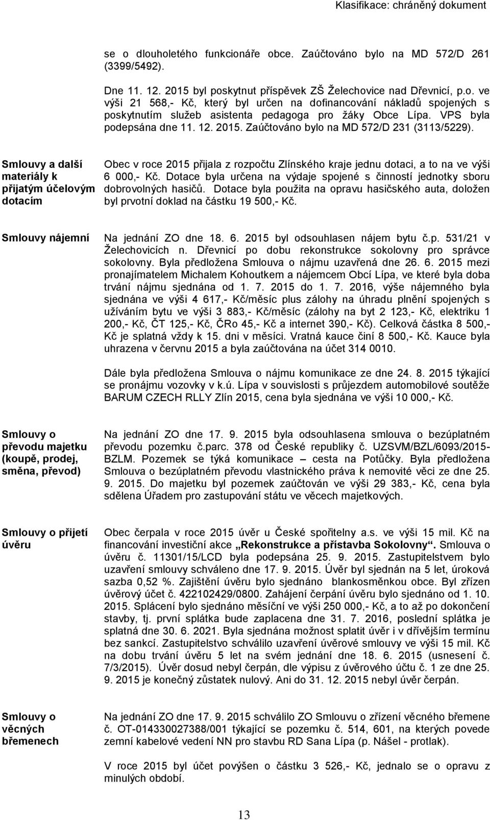 Smlouvy a další materiály k přijatým účelovým dotacím Obec v roce 2015 přijala z rozpočtu Zlínského kraje jednu dotaci, a to na ve výši 6 000,- Kč.