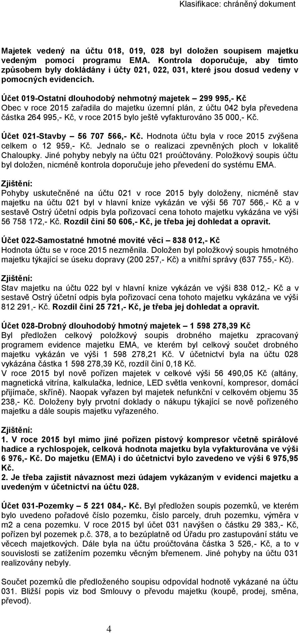 Účet 019-Ostatní dlouhodobý nehmotný majetek 299 995,- Kč Obec v roce 2015 zařadila do majetku územní plán, z účtu 042 byla převedena částka 264 995,- Kč, v roce 2015 bylo ještě vyfakturováno 35