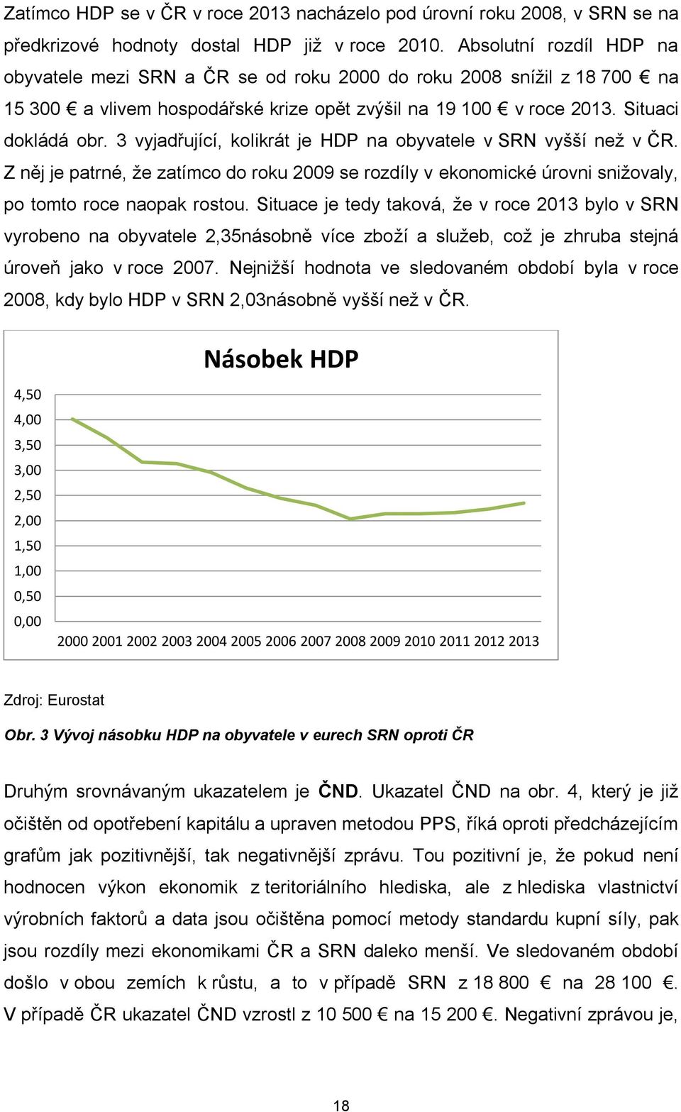 3 vyjadřující, kolikrát je HDP na obyvatele v SRN vyšší než v ČR. Z něj je patrné, že zatímco do roku 2009 se rozdíly v ekonomické úrovni snižovaly, po tomto roce naopak rostou.