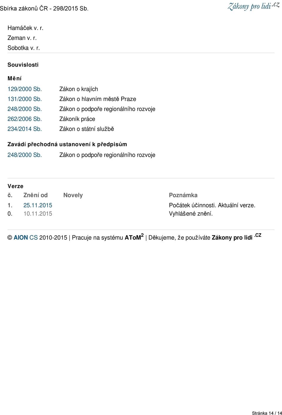 Zákon o státní službě Zavádí přechodná ustanovení k předpisům 248/2000 Sb. Zákon o podpoře regionálního rozvoje Verze č.