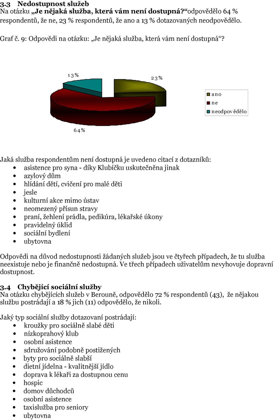 1 3 % 2 3 % a n o n e n eodpov ědělo 6 4 % Jaká služba respondentům není dostupná je uvedeno citací z dotazníků: asistence pro syna - díky Klubíčku uskutečněna jinak azylový dům hlídání dětí, cvičení