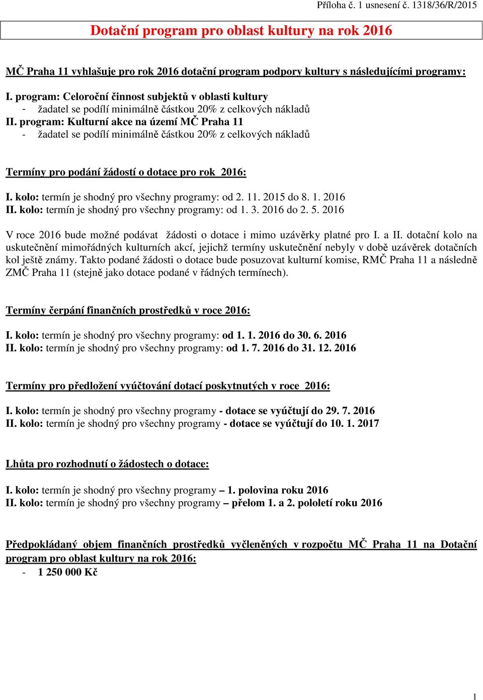 program: Kulturní akce na území MČ Praha 11 - žadatel se podílí minimálně částkou 20% z celkových nákladů Termíny pro podání žádostí o dotace pro rok 2016: I.