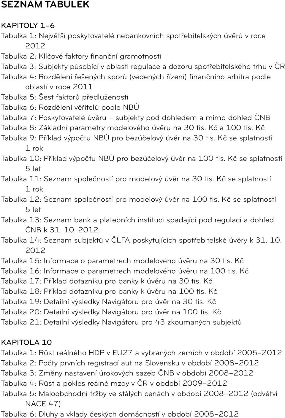 Rozdělení věřitelů podle NBÚ Tabulka 7: Poskytovatelé úvěru subjekty pod dohledem a mimo dohled ČNB Tabulka 8: Základní parametry modelového úvěru na 30 tis. Kč a 100 tis.