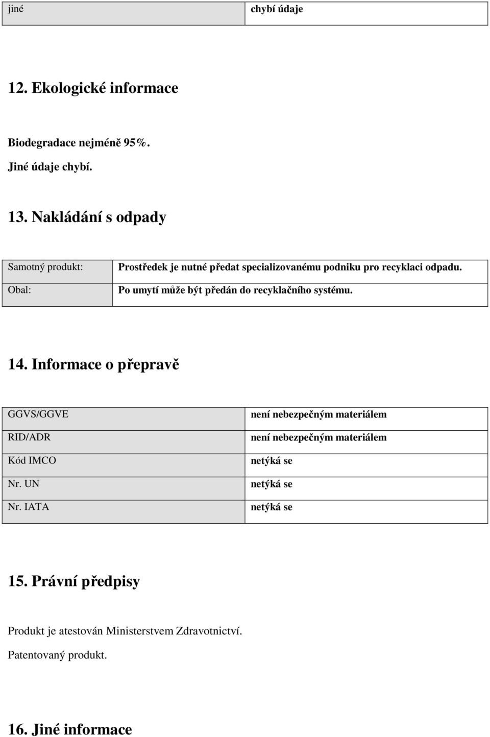 Po umytí může být předán do recyklačního systému. 14. Informace o přepravě GGVS/GGVE RID/ADR Kód IMCO Nr. UN Nr.