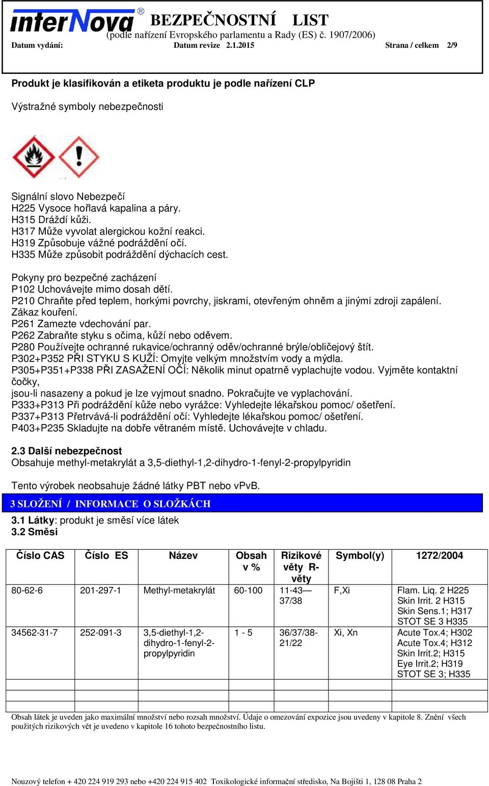 H315 Dráždí kůži. H317 Může vyvolat alergickou kožní reakci. H319 Způsobuje vážné podráždění očí. H335 Může způsobit podráždění dýchacích cest.