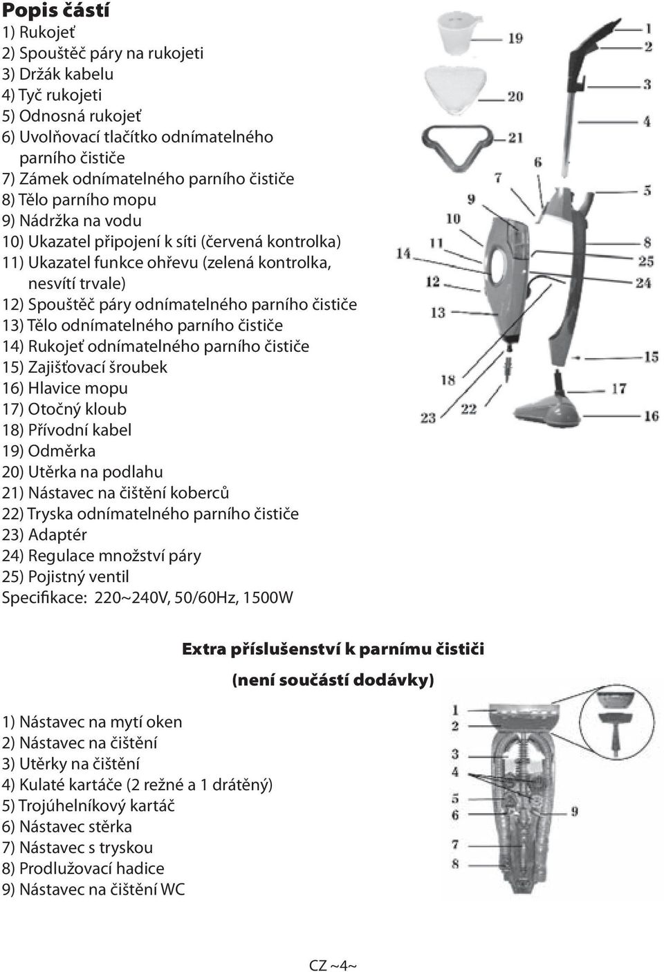 13) Tělo odnímatelného parního čističe 14) Rukojeť odnímatelného parního čističe 15) Zajišťovací šroubek 16) Hlavice mopu 17) Otočný kloub 18) Přívodní kabel 19) Odměrka 20) Utěrka na podlahu 21)