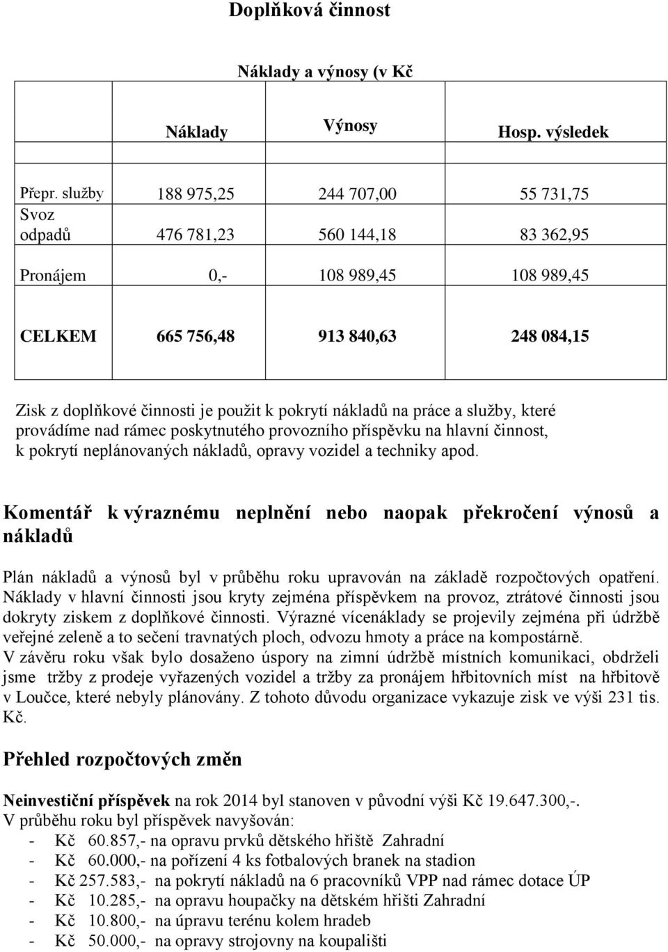 pokrytí nákladů na práce a služby, které provádíme nad rámec poskytnutého provozního příspěvku na hlavní činnost, k pokrytí neplánovaných nákladů, opravy vozidel a techniky apod.