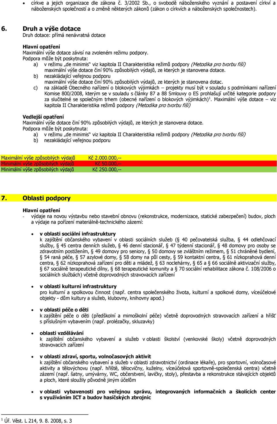 Druh a výše dotace Druh dotace: přímá nenávratná dotace Maximální výše dotace závisí na zvoleném reţimu podpory.