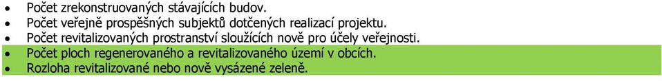 Počet revitalizovaných prostranství slouţících nově pro účely veřejnosti.