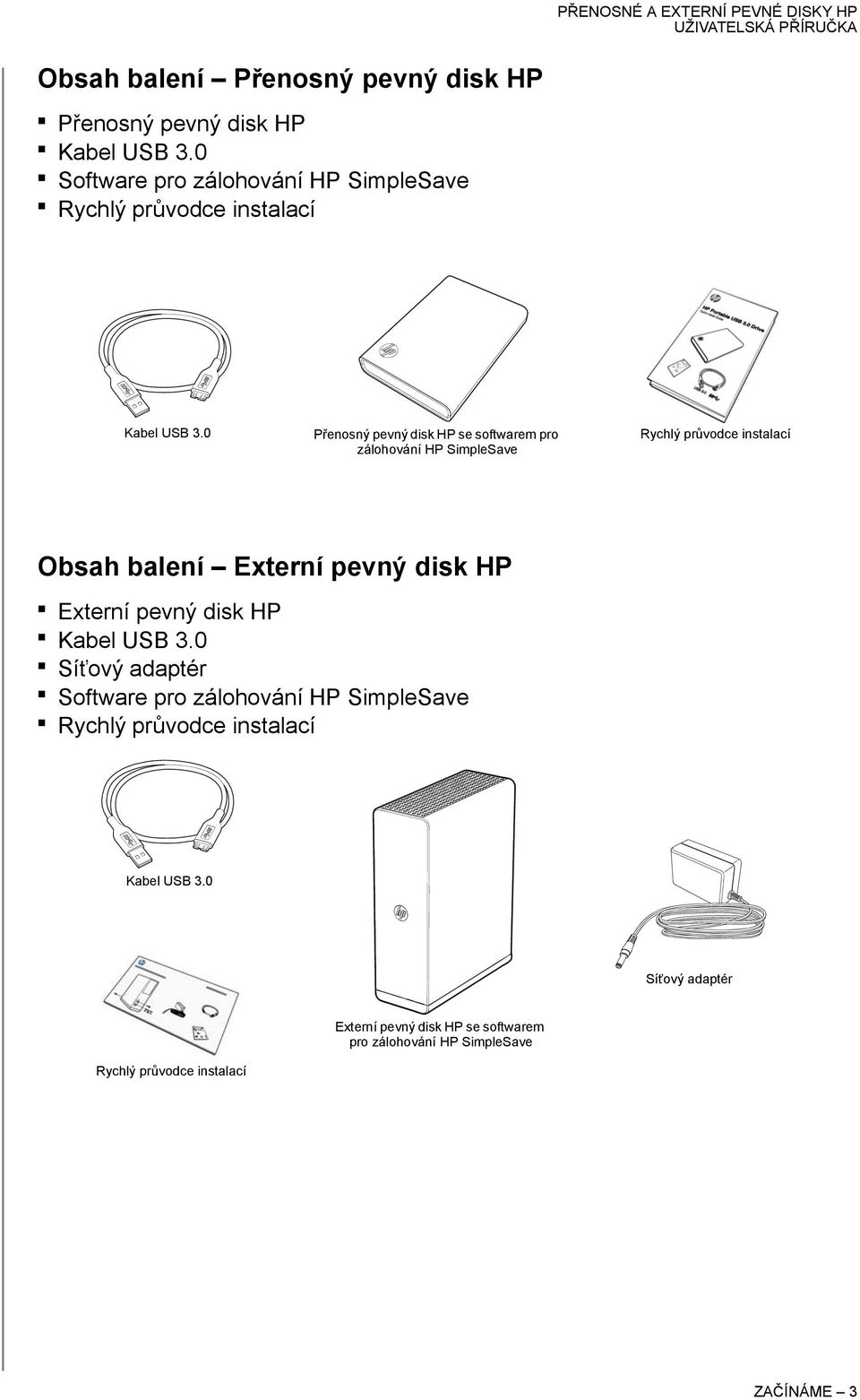 0 Přenosný pevný disk HP se softwarem pro zálohování HP SimpleSave Rychlý průvodce instalací Obsah balení Externí pevný disk HP