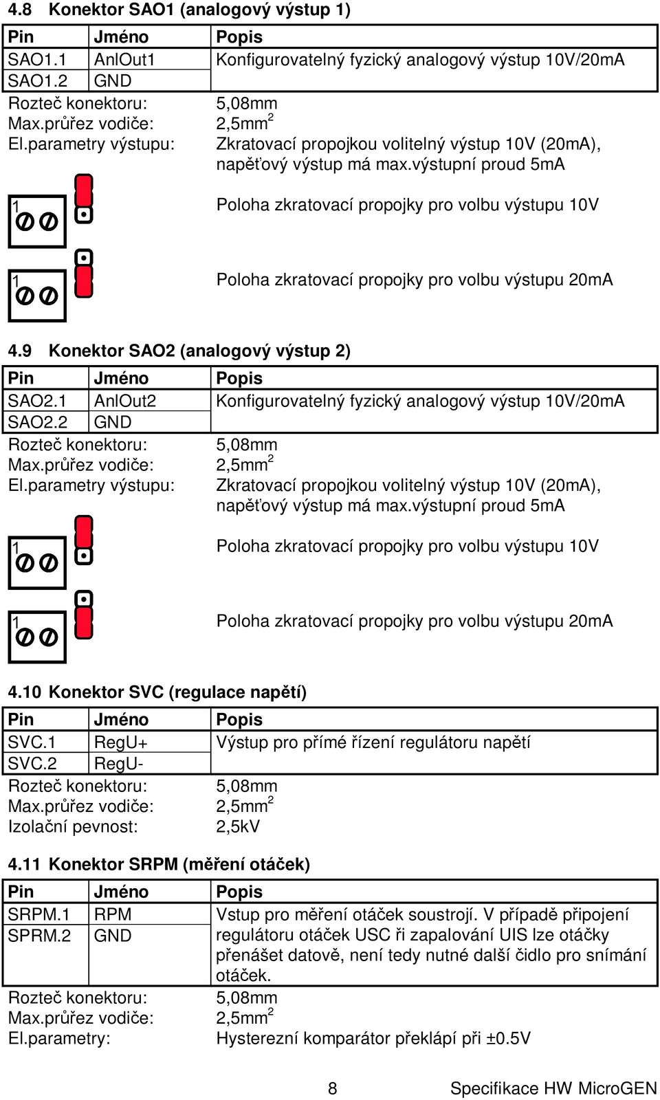 výstupní proud 5mA Poloha zkratovací propojky pro volbu výstupu 10V Poloha zkratovací propojky pro volbu výstupu 20mA 4.9 Konektor SAO2 (analogový výstup 2) SAO2.