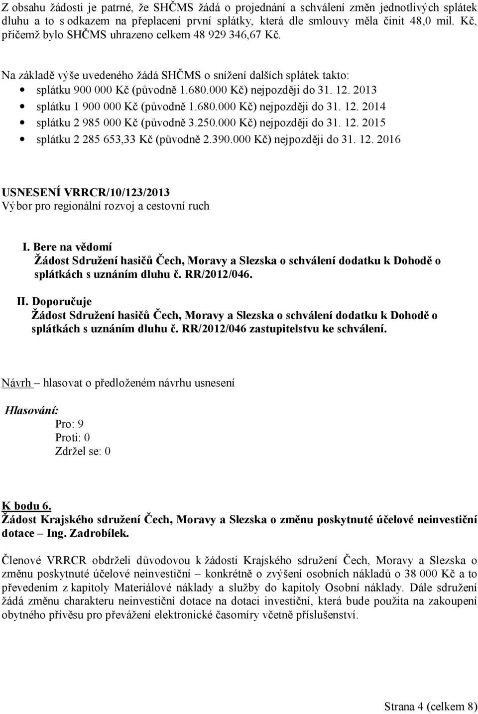 2013 splátku 1 900 000 Kč (původně 1.680.000 Kč) nejpozději do 31. 12. 2014 splátku 2 985 000 Kč (původně 3.250.000 Kč) nejpozději do 31. 12. 2015 splátku 2 285 653,33 Kč (původně 2.390.