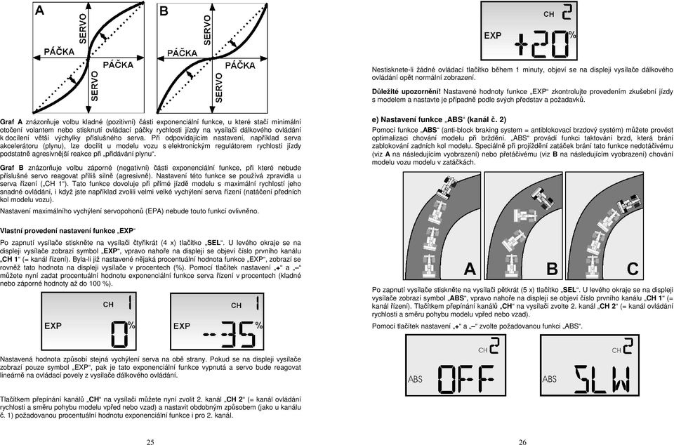 Graf A znázorňuje volbu kladné (pozitivní) části exponenciální funkce, u které stačí minimální otočení volantem nebo stisknutí ovládací páčky rychlosti jízdy na vysílači dálkového ovládání k docílení