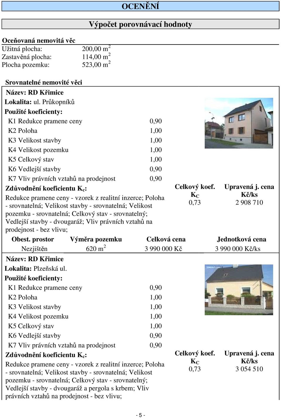 prodejnost 0,90 Zdůvodnění koeficientu K c : Redukce pramene ceny - vzorek z realitní inzerce; Poloha - srovnatelná; Velikost stavby - srovnatelná; Velikost pozemku - srovnatelná; Celkový stav -