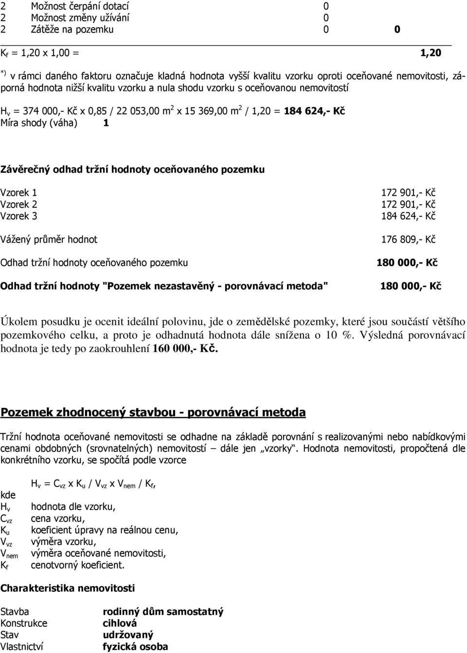 Závěrečný odhad tržní hodnoty oceňovaného pozemku Vzorek 1 Vzorek 2 Vzorek 3 Vážený průměr hodnot Odhad tržní hodnoty oceňovaného pozemku Odhad tržní hodnoty "Pozemek nezastavěný - porovnávací