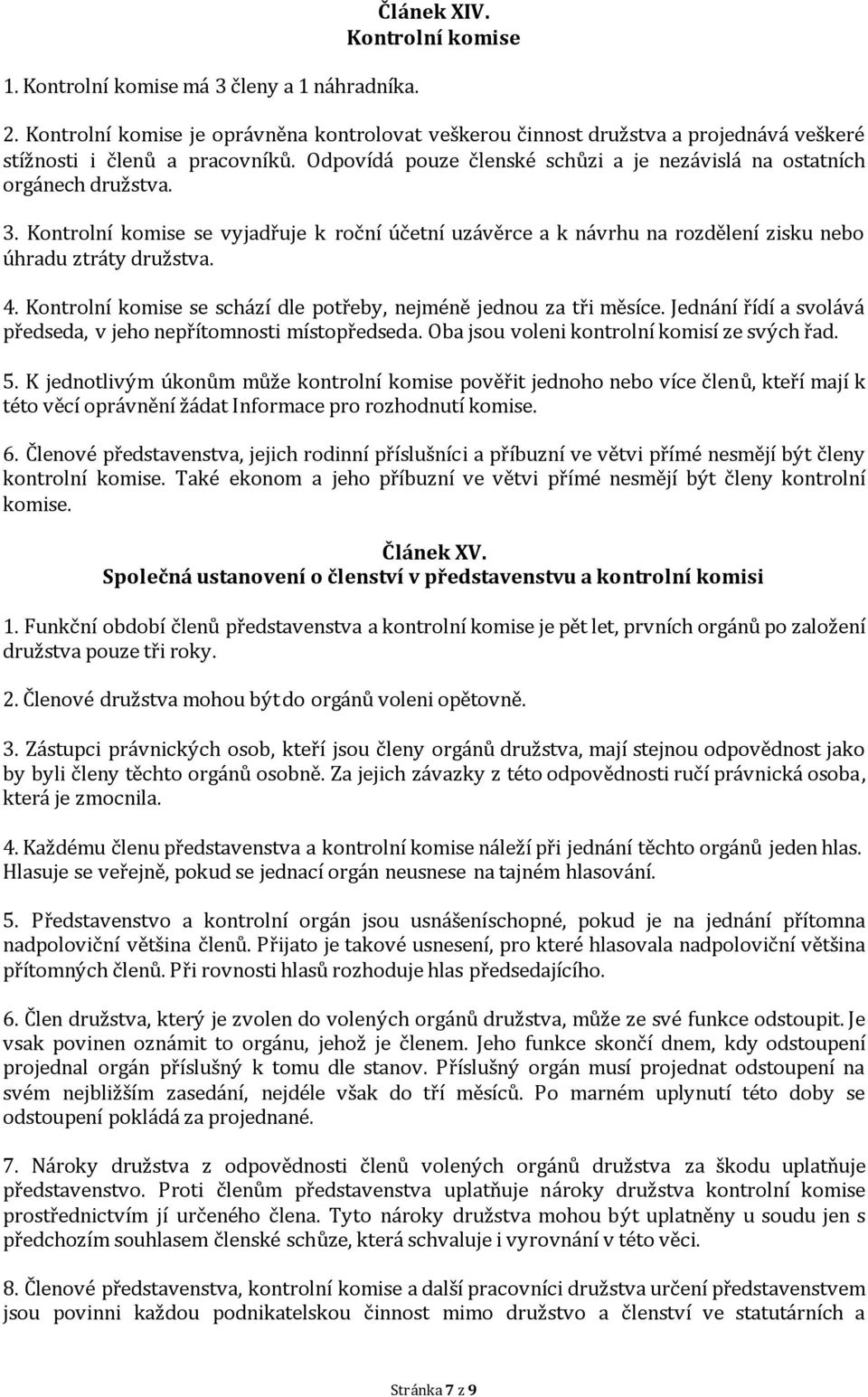 Kontrolní komise se schází dle potřeby, nejméně jednou za tři měsíce. Jednání řídí a svolává předseda, v jeho nepřítomnosti místopředseda. Oba jsou voleni kontrolní komisí ze svých řad. 5.