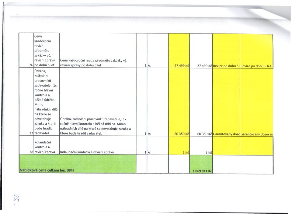 údržba. Mimo náhradních dílů na které se nevztahuje Údržba, zaškolení pracovníků zadavatele, lx záruka a které ročně hlavní kontrola a běžná údržba.