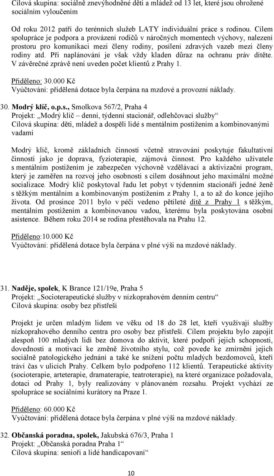 Při naplánování je však vždy kladen důraz na ochranu práv dítěte. V závěrečné zprávě není uveden počet klientů z Prahy 1. Přiděleno: 30.
