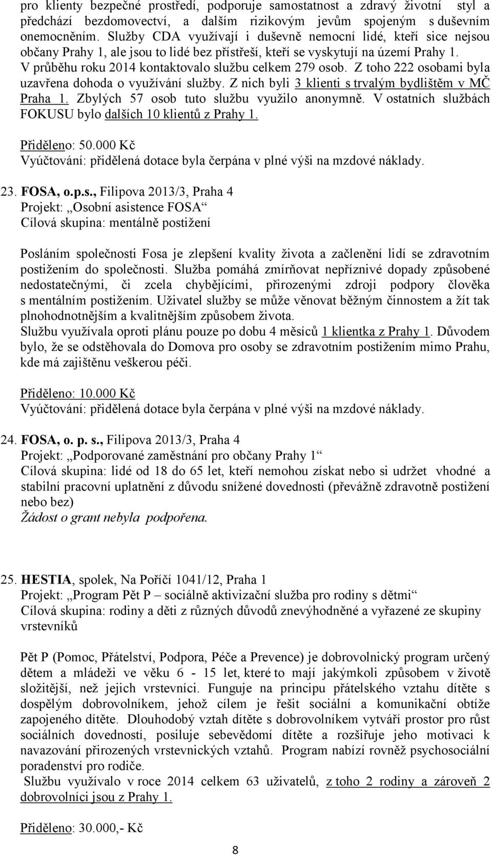 V průběhu roku 2014 kontaktovalo službu celkem 279 osob. Z toho 222 osobami byla uzavřena dohoda o využívání služby. Z nich byli 3 klienti s trvalým bydlištěm v MČ Praha 1.
