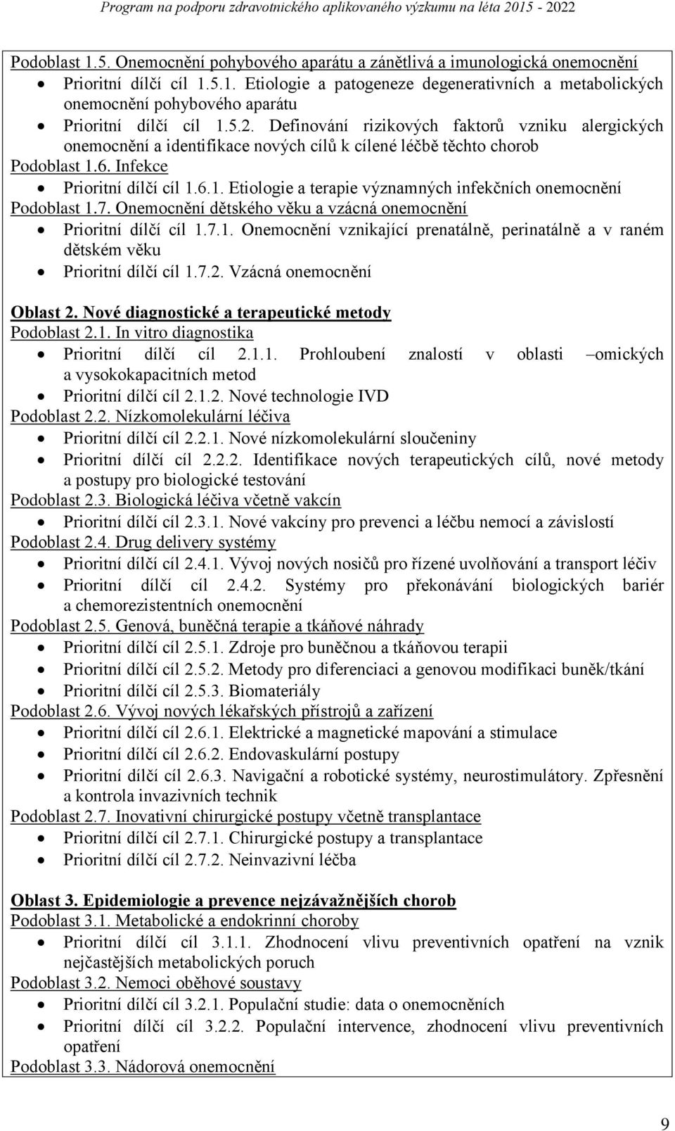 7. Onemocnění dětského věku a vzácná onemocnění Prioritní dílčí cíl 1.7.1. Onemocnění vznikající prenatálně, perinatálně a v raném dětském věku Prioritní dílčí cíl 1.7.2. Vzácná onemocnění Oblast 2.