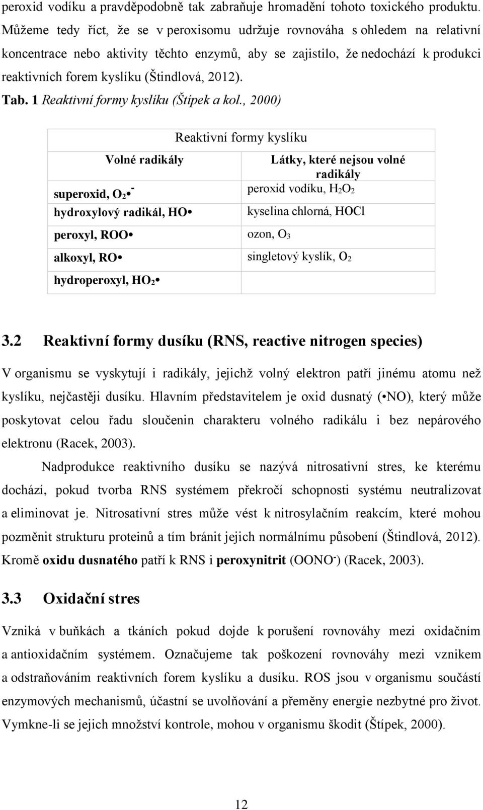 2012). Tab. 1 Reaktivní formy kyslíku (Štípek a kol.
