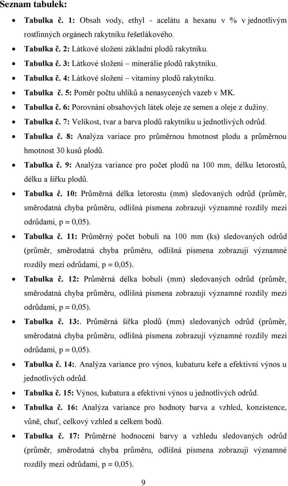 Tabulka č. 8: Analýza variace pro průměrnou hmotnost plodu a průměrnou hmotnost 30 kusů plodů. Tabulka č. 9: Analýza variance pro počet plodů na 100 mm, délku letorostů, délku a šířku plodů.