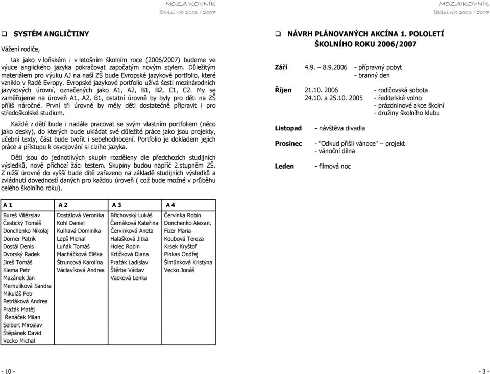 Evropské jazykové portfolio užívá šesti mezinárodních jazykových úrovní, označených jako A1, A2, B1, B2, C1, C2.